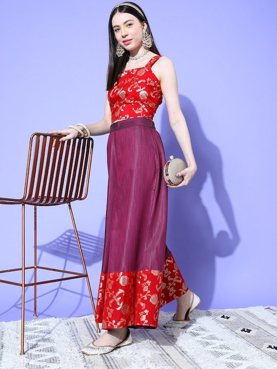 Red Brocade Strappy Top W Teal Red Brocade Palazzo Set