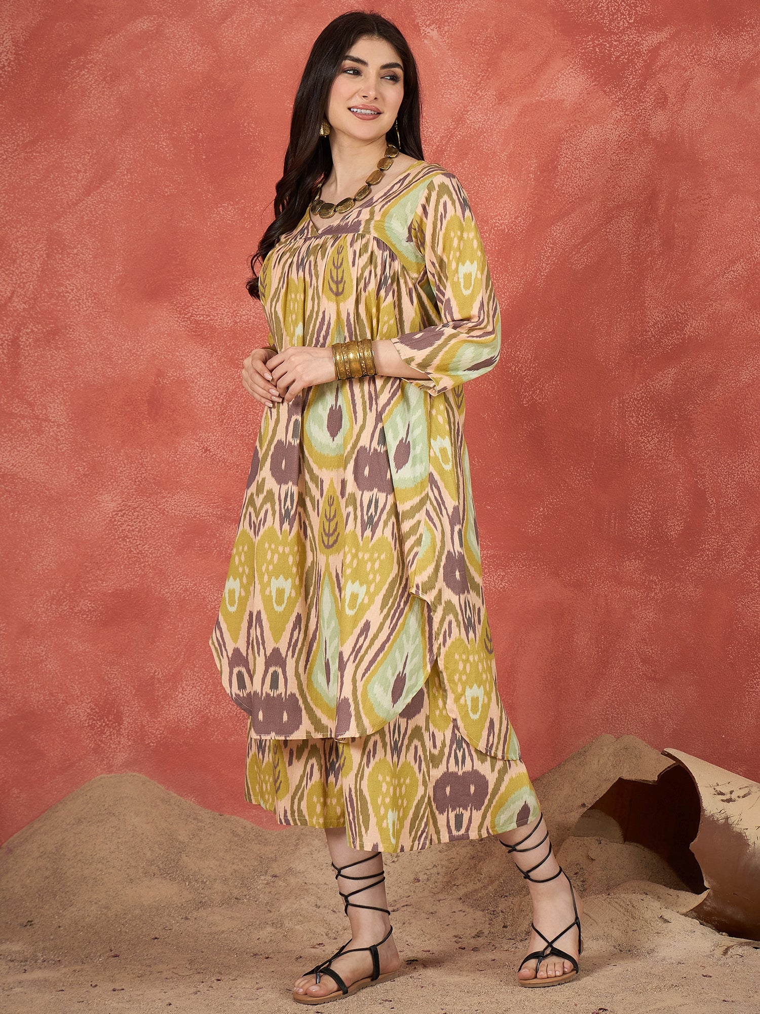 Olive Brown Ikkat Print V Neck Kurta Set