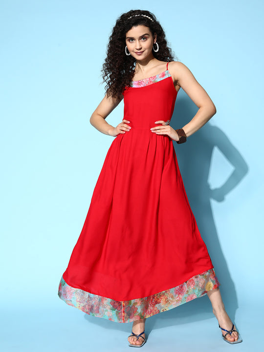Red Strappy Organza Border Dress