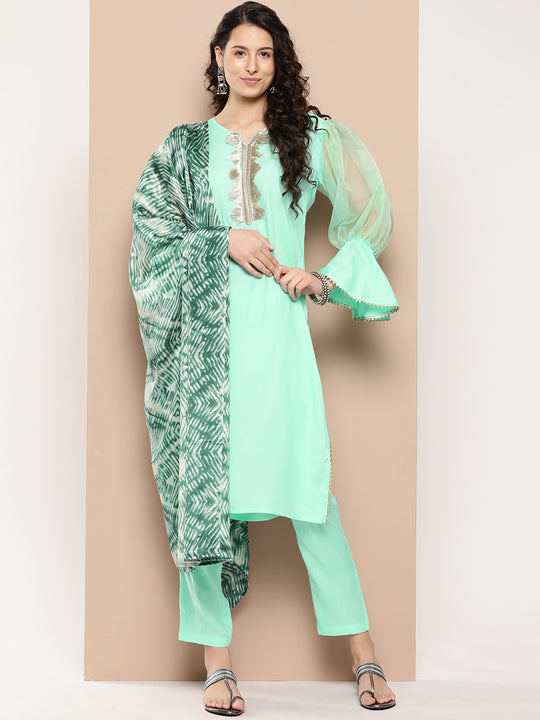 Light Blue Organza Sleeve Kurta Set With Blue Bushy Tie- Dye Dupatta