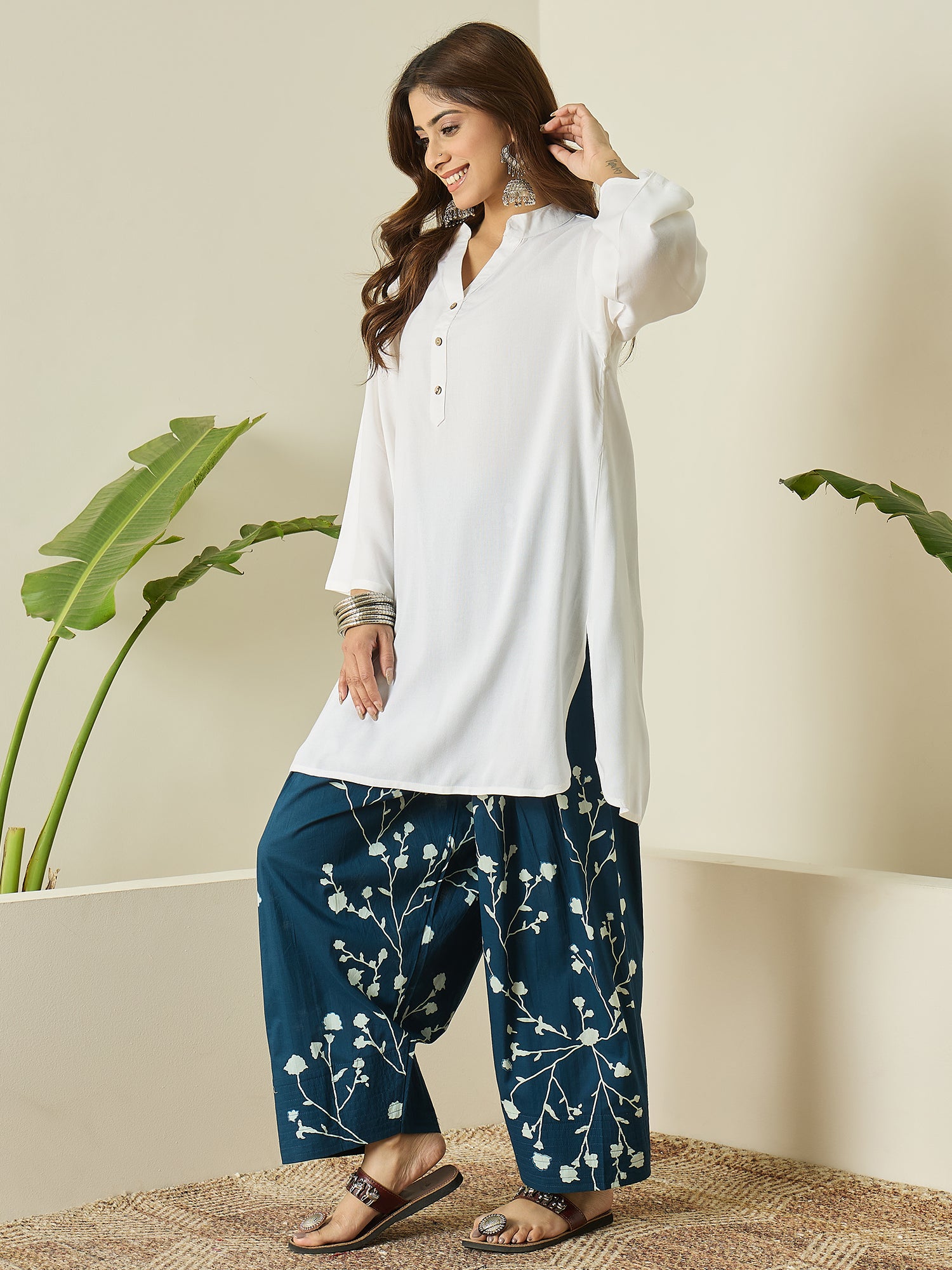 White Kurta Navy Floral Salwar Set