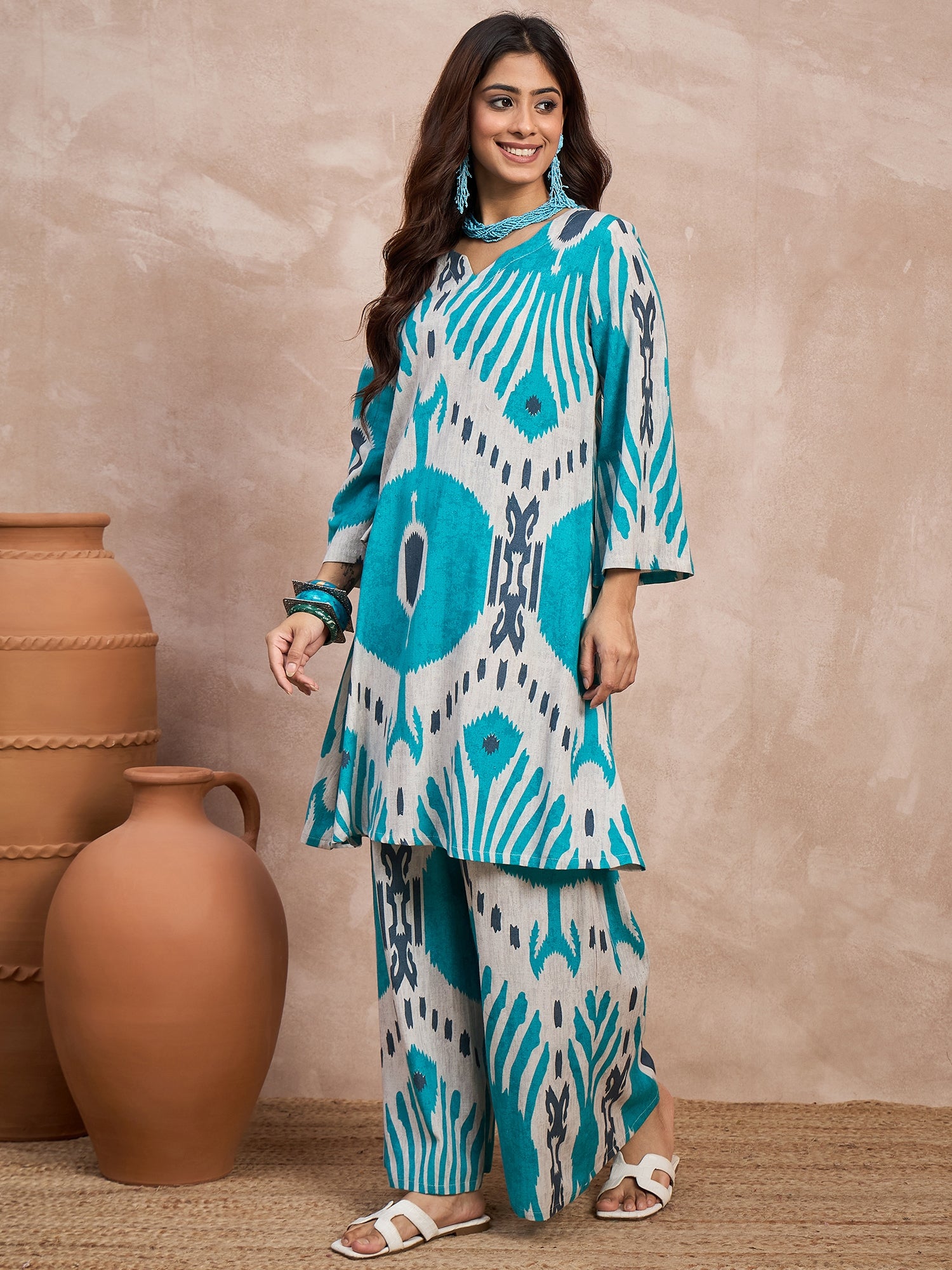 Sky Blue Ikkat Print Long Sleeve Kurta Set