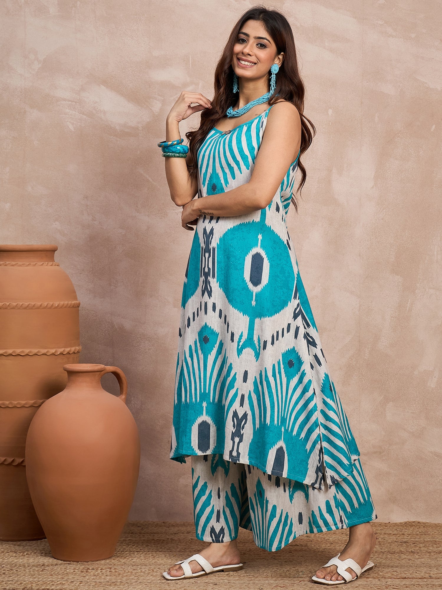 Sky Blue Ikkat Print Button Strappy Kurta Set