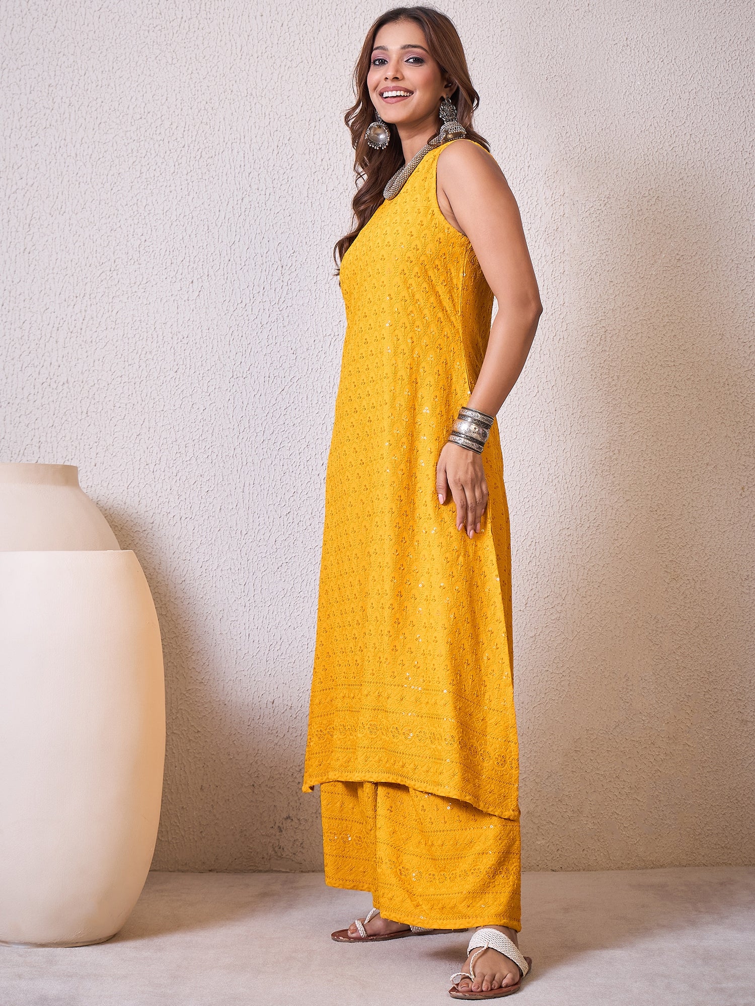 Yellow Chikankari Halter Kurta Set