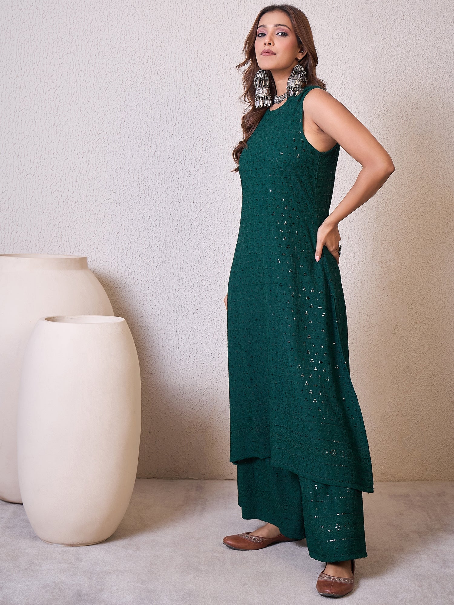 Dark Green Chikankari Halter Kurta Set