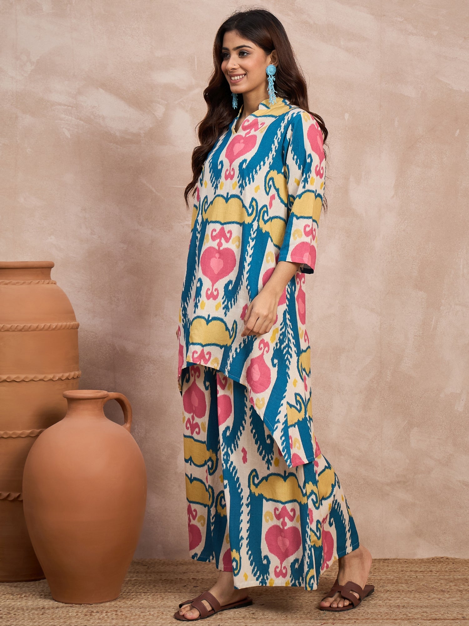 Teal Red Ikkat Print Mandarin Neck Kurta Set