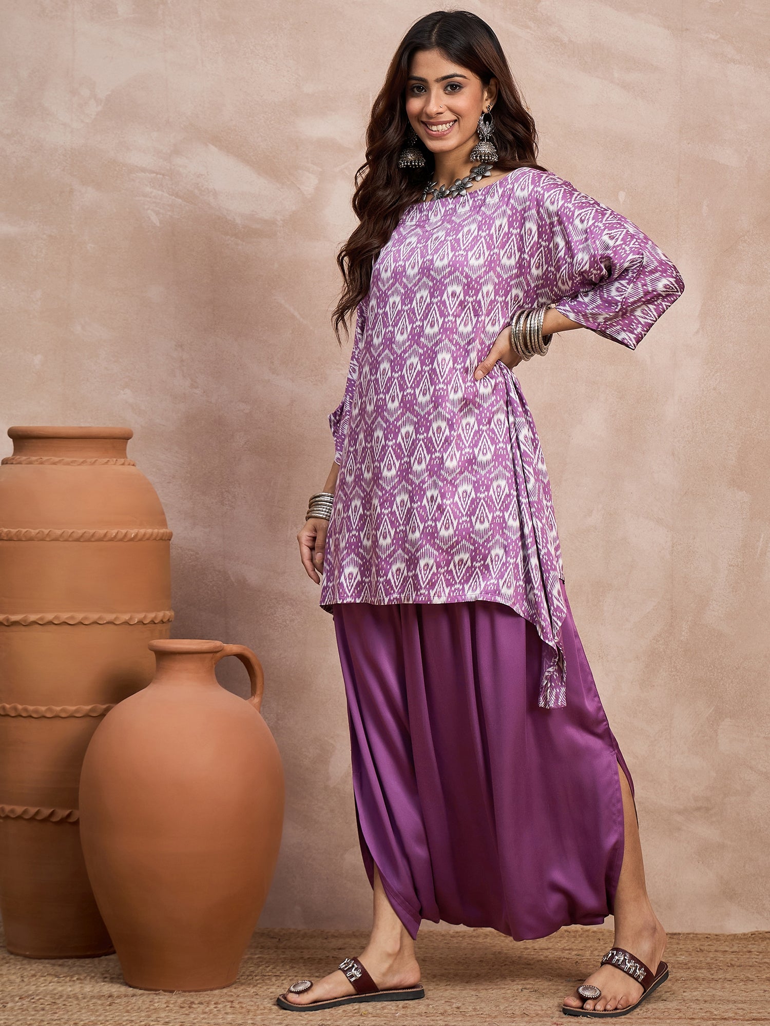 Dark Mauve Foil Boat Neck Dhoti Set