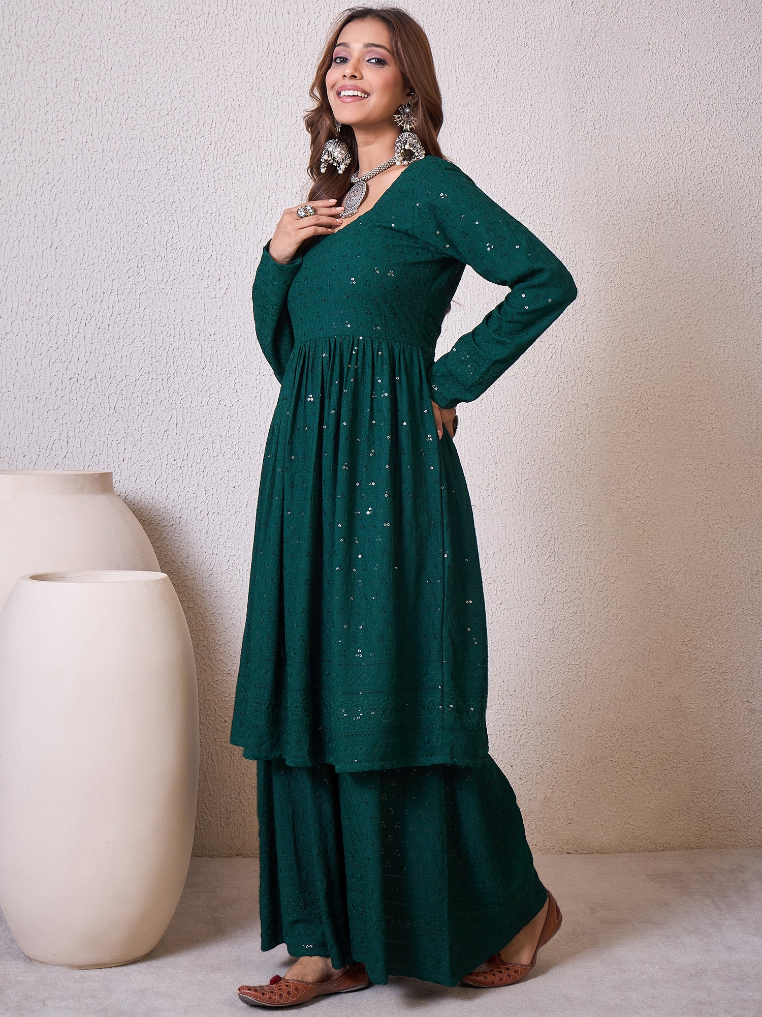 Dark Green Chikankari Sweetheart Set