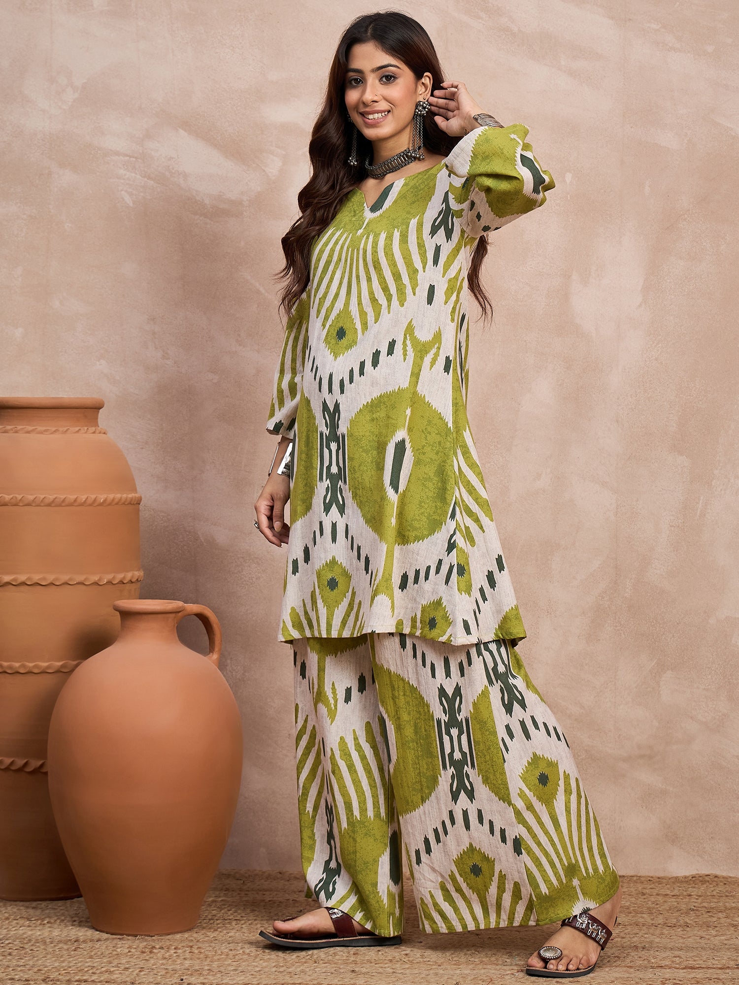 Olive White Ikkat Print Long Sleeve Kurta Set