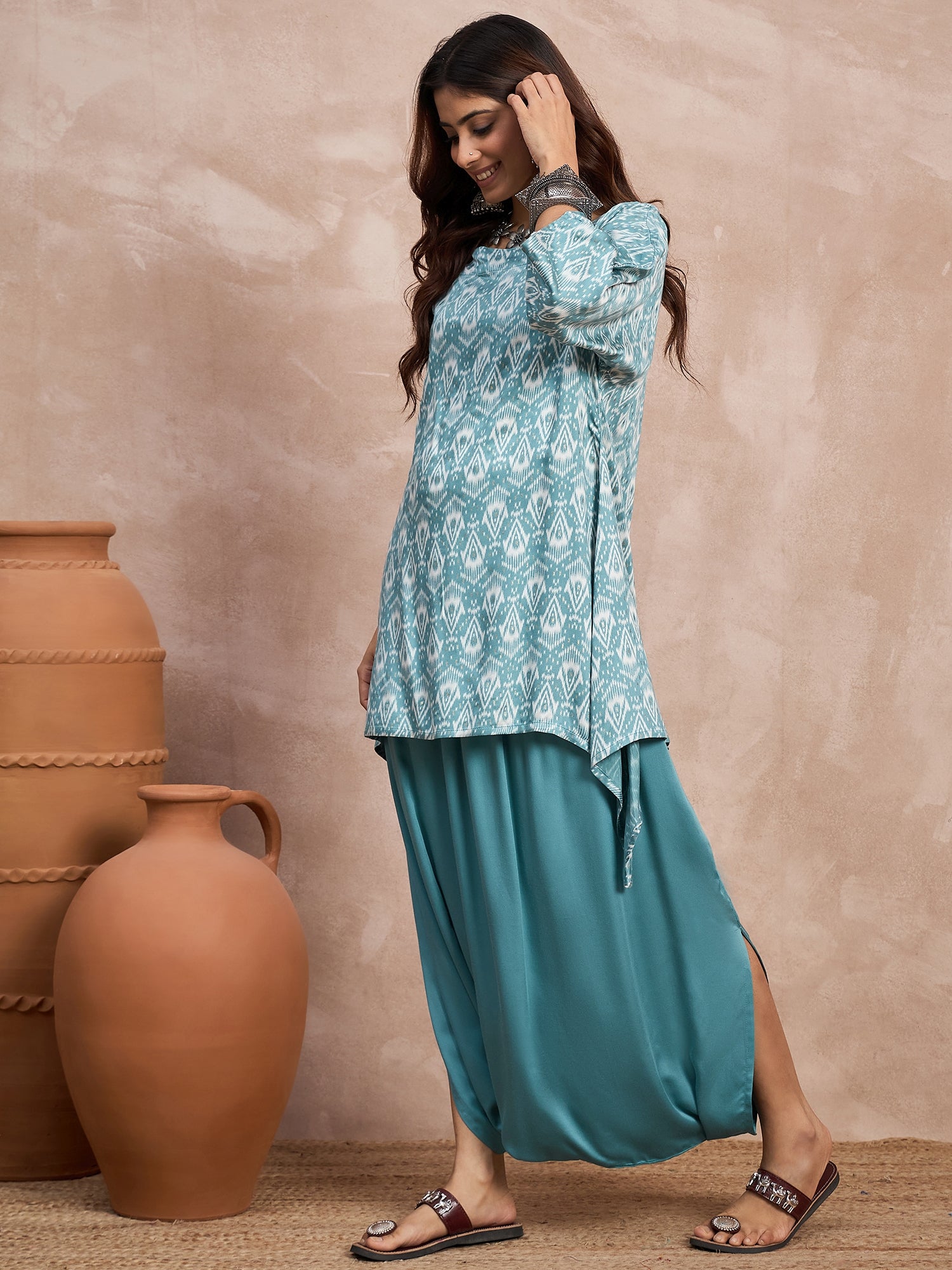 Light Teal Foil Boat Neck Dhoti Set
