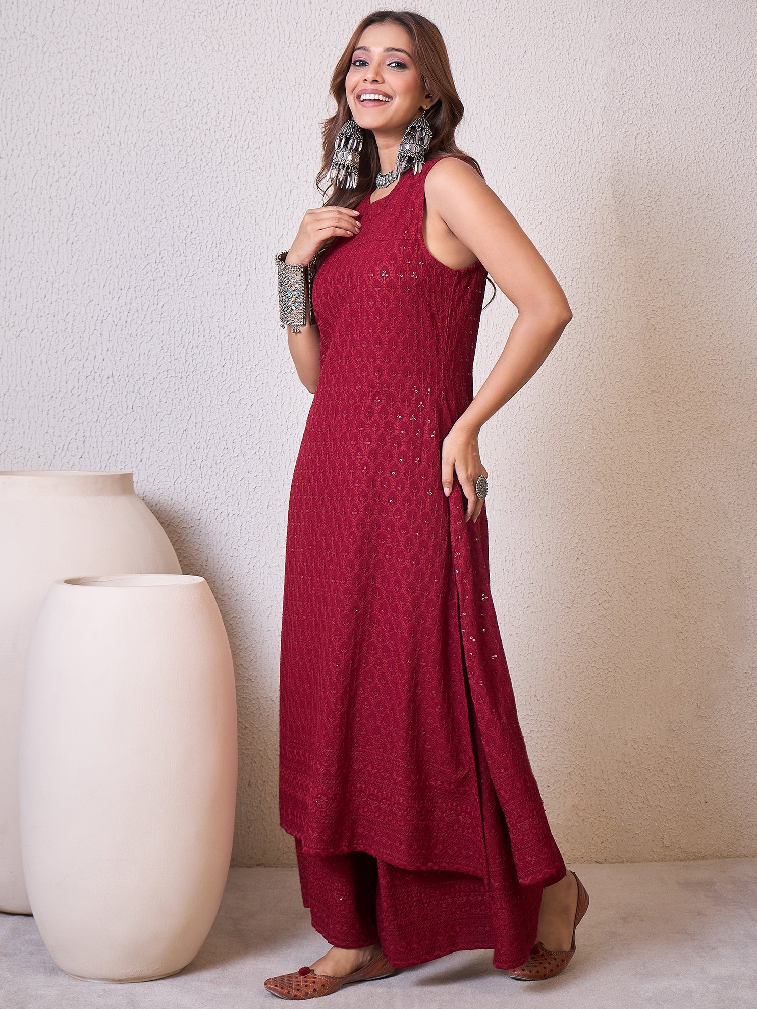 Maroon Chikankari Halter Kurta Set