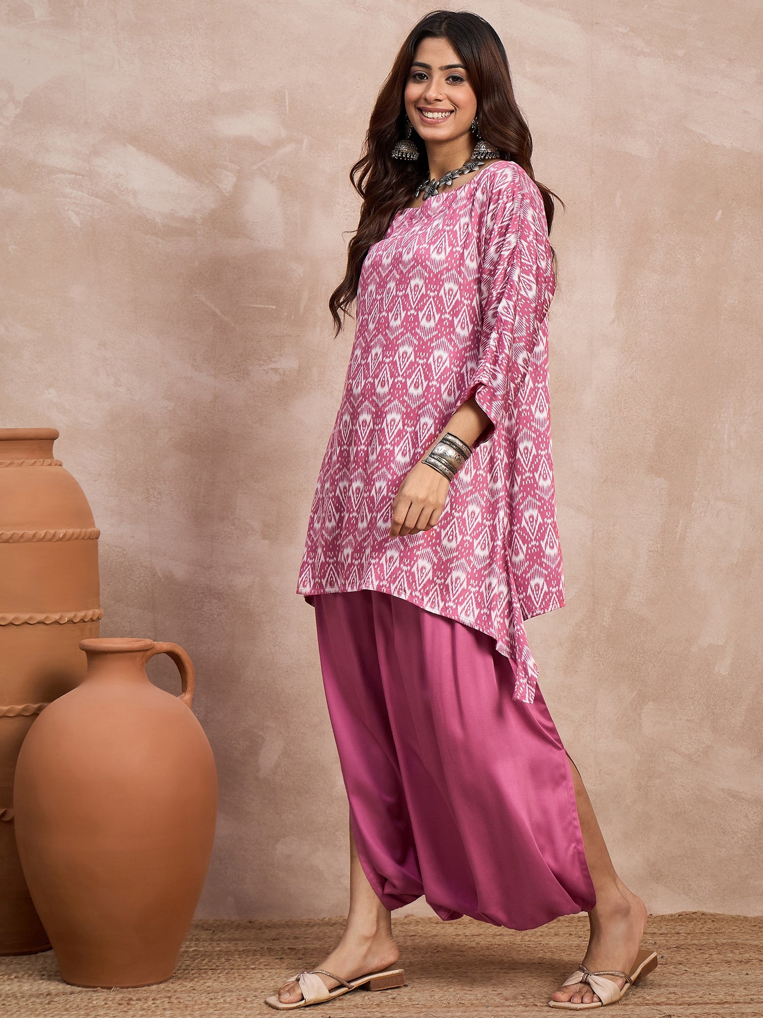 Punch Pink Foil Boat Neck Dhoti Set