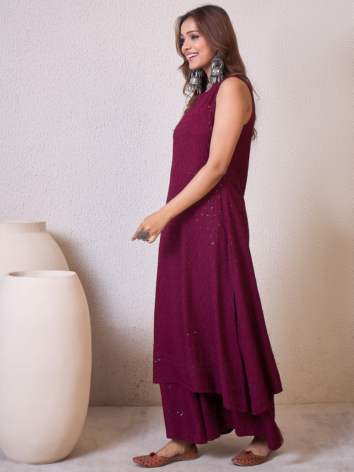 Wine Chikankari Halter Kurta Set