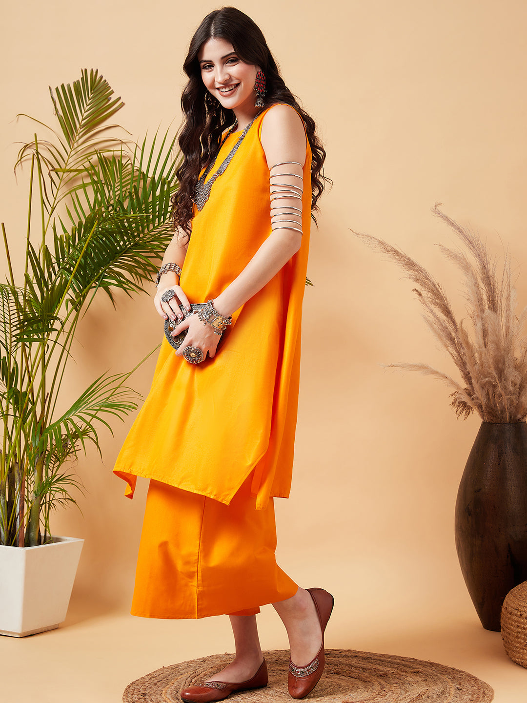 Buy SCAKHI Orange Printed Knee Length Crepe Woven Women's Kurti Palazzo  Dupatta Set | Shoppers Stop
