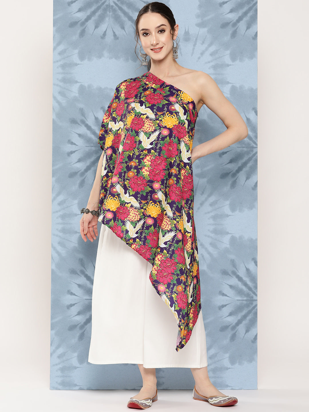 Navy Bird Japanese Art Oneshoulder Top