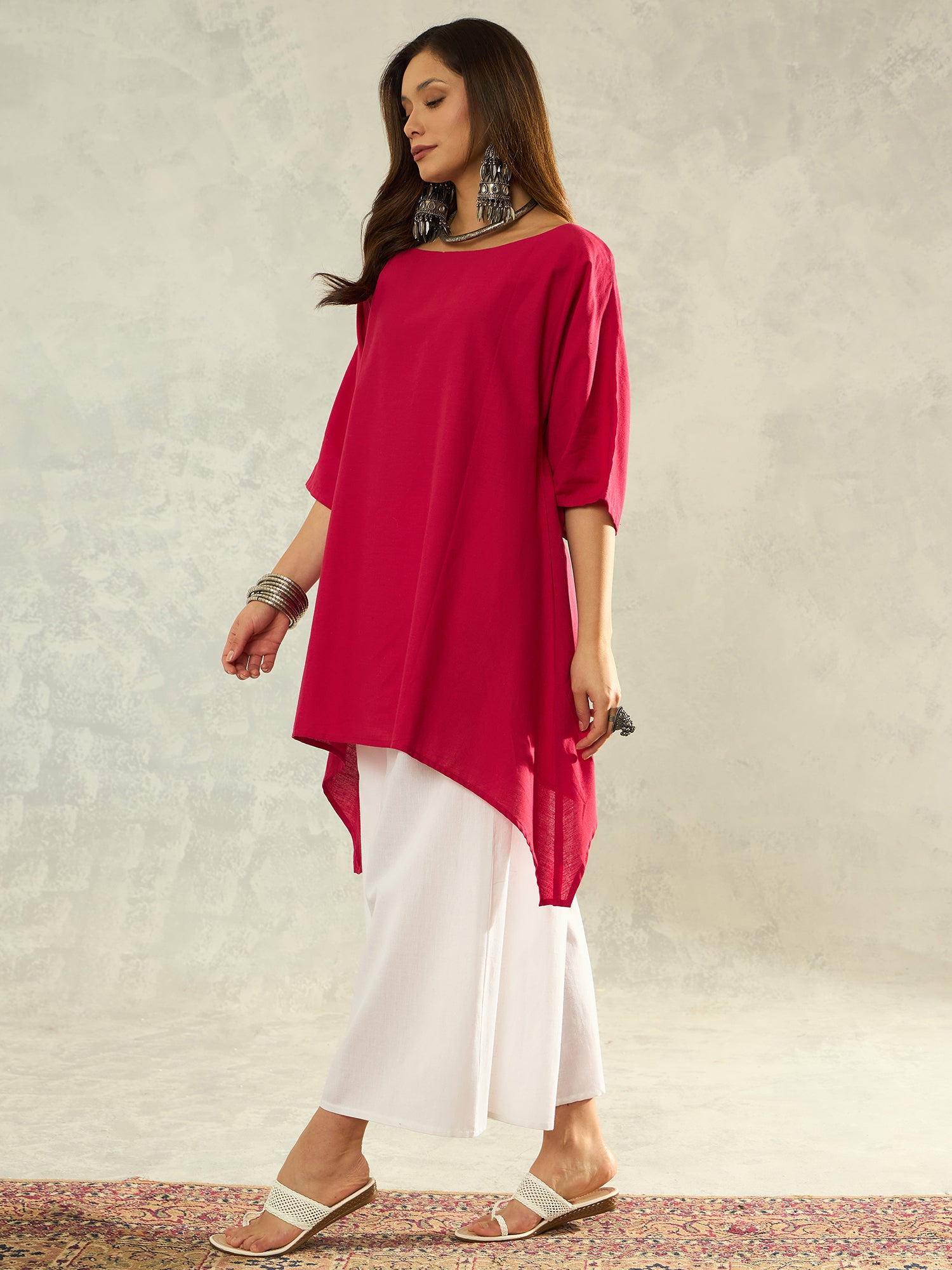 Dark Pink Boat Neck White Palazzo Set