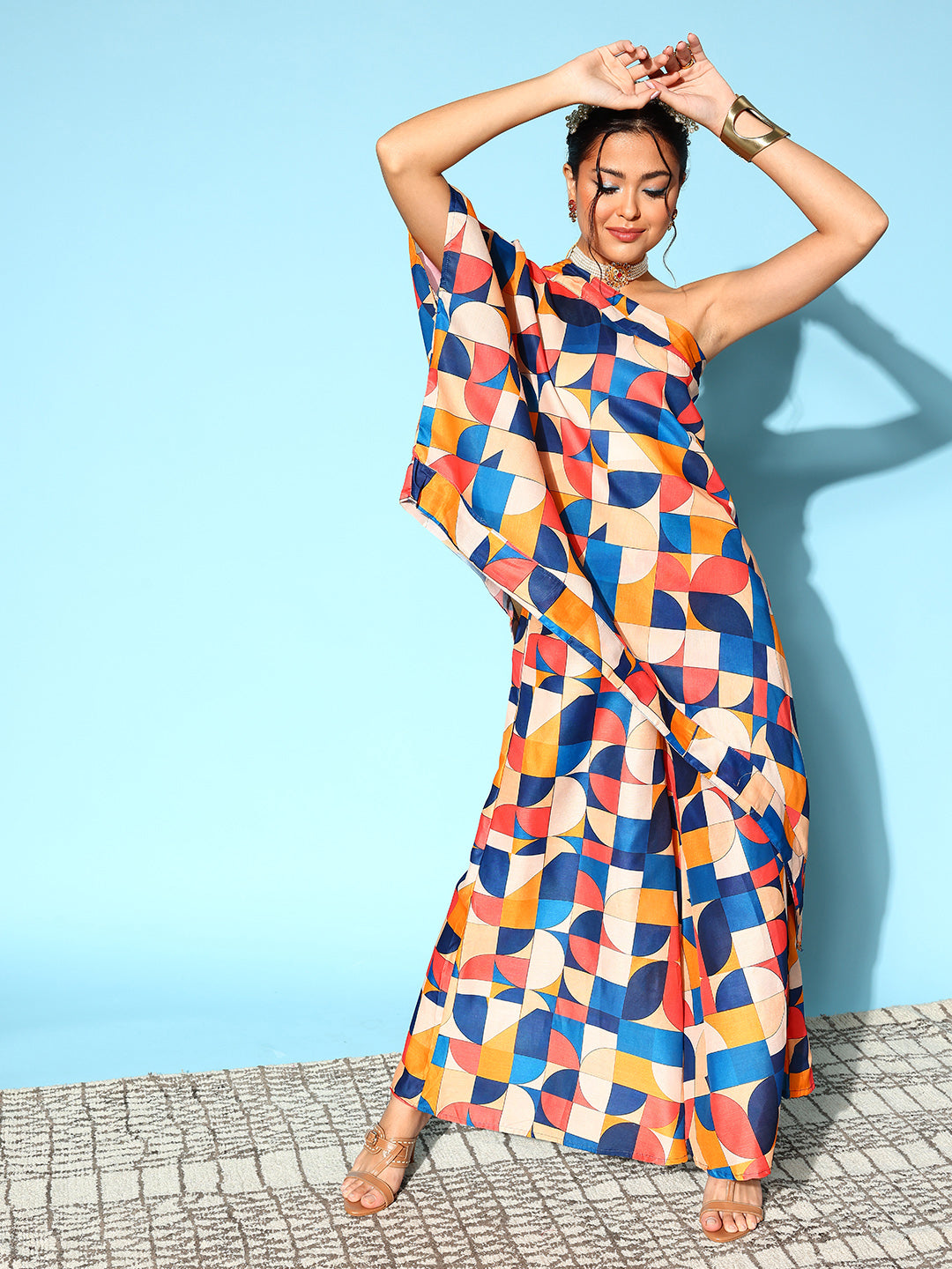 Multi Geometric Print One Shoulder Top With Palazzo Set