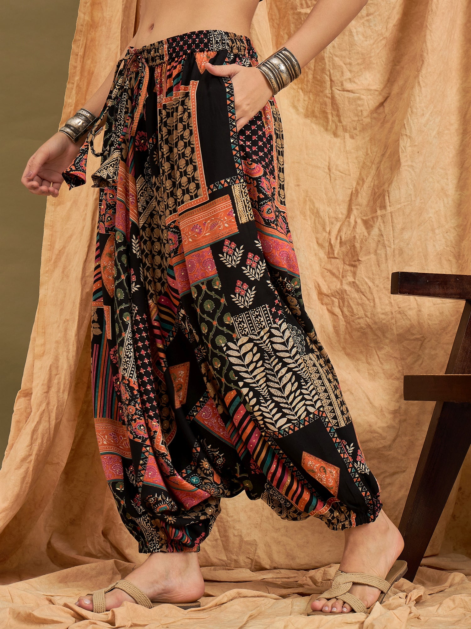 Black Multi Ethnic Harem Pant - Main Image