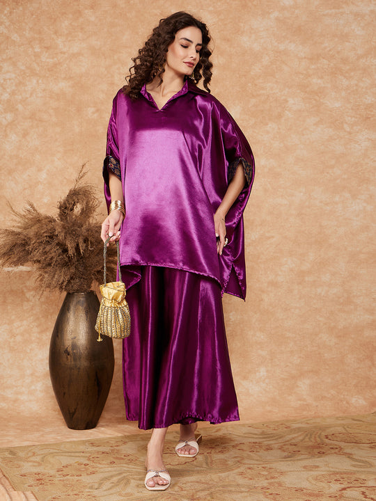 Wine Navy Brocade Satin Boho Blue Palazzo Set