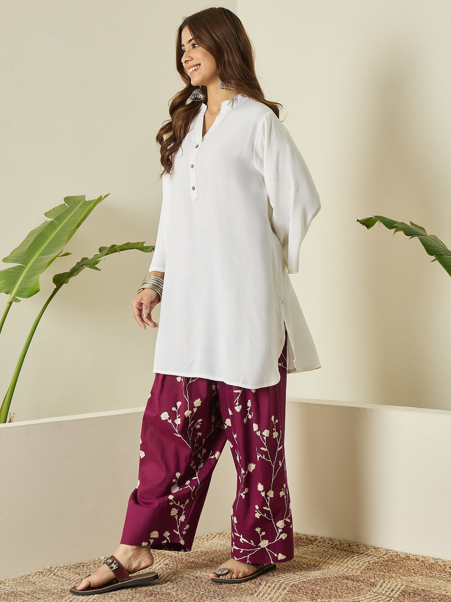 White Kurta Wine Floral Salwar Set