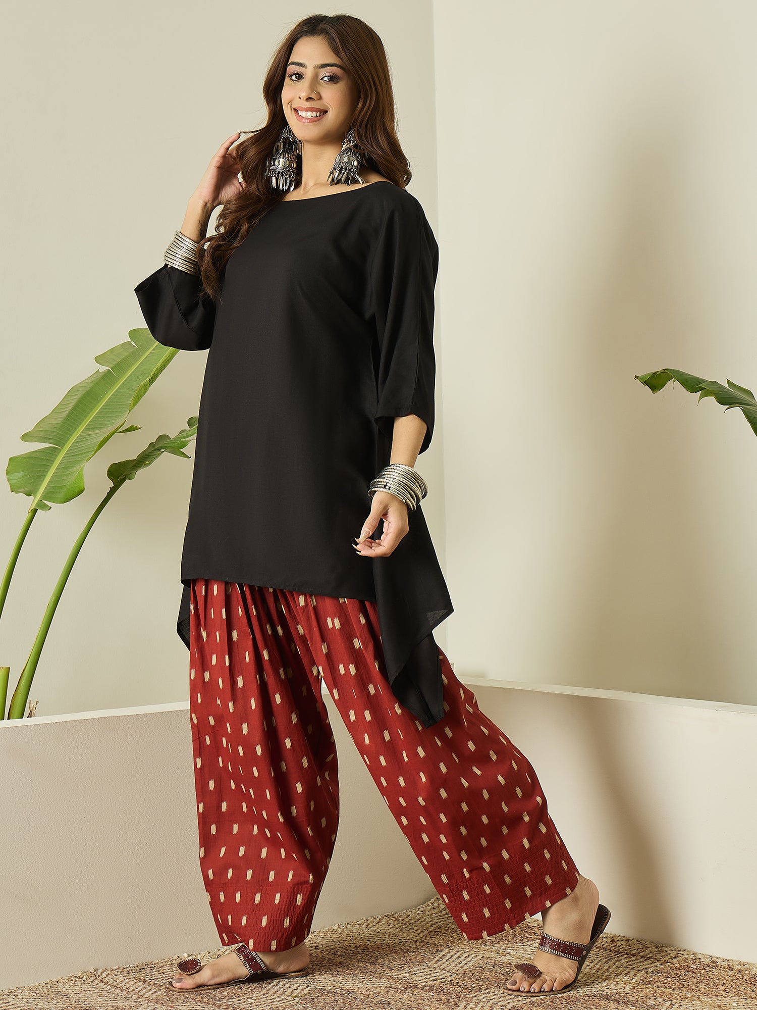 Black Boat Neck Rust Ikkat Salwar Set