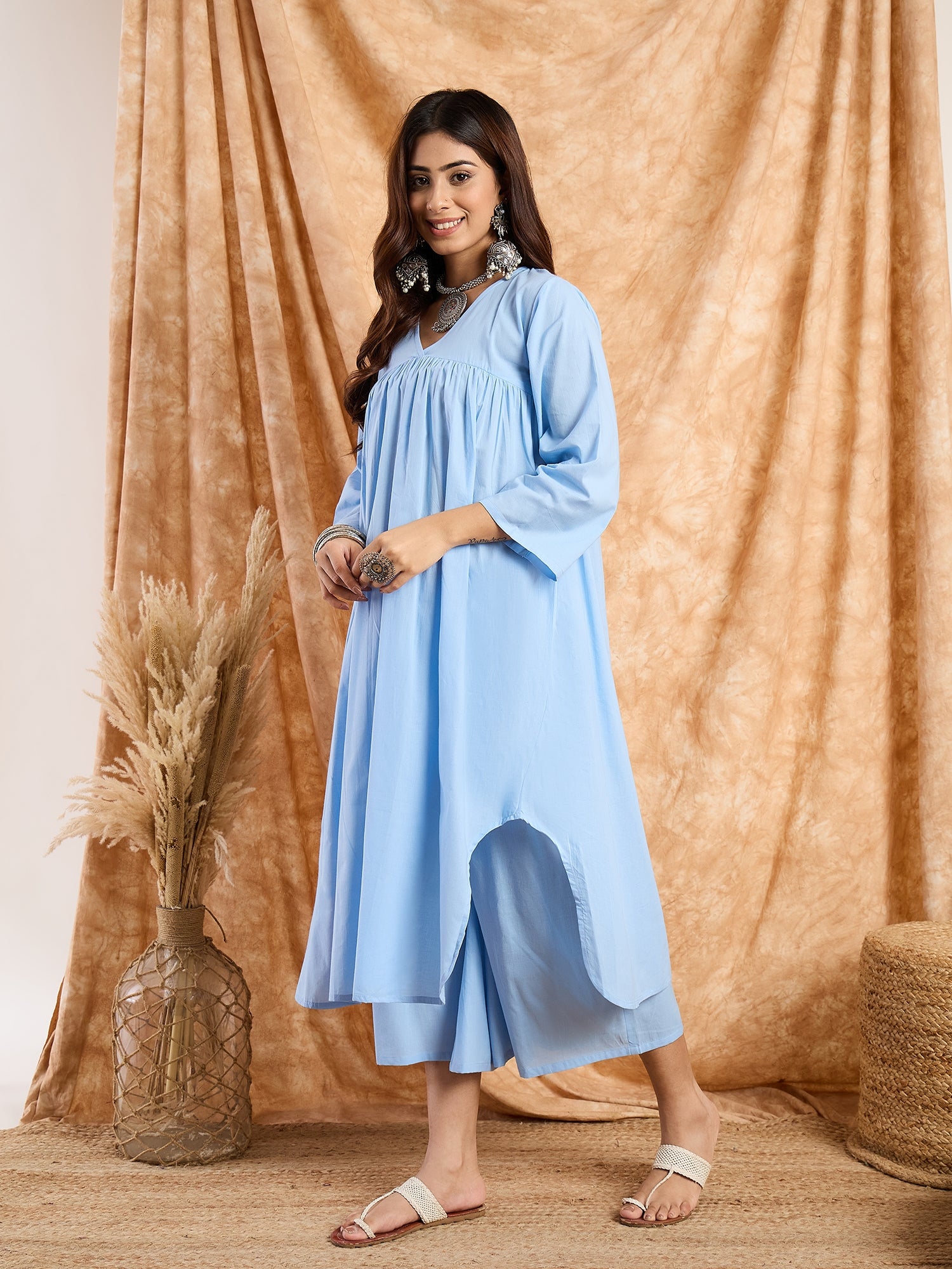 Light Blue Pastel V Neck Flared Kurta Set