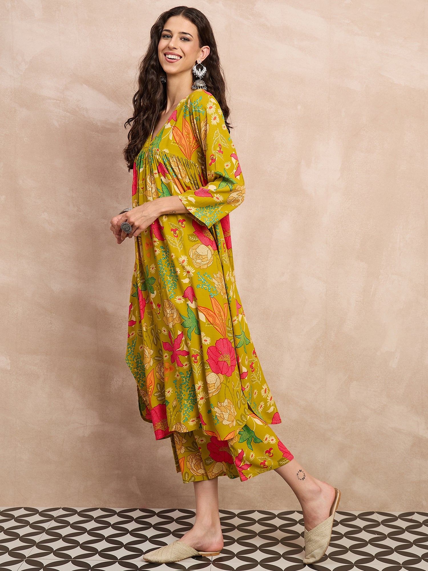 Lemon Yellow Rose Print Flared Kurta Set