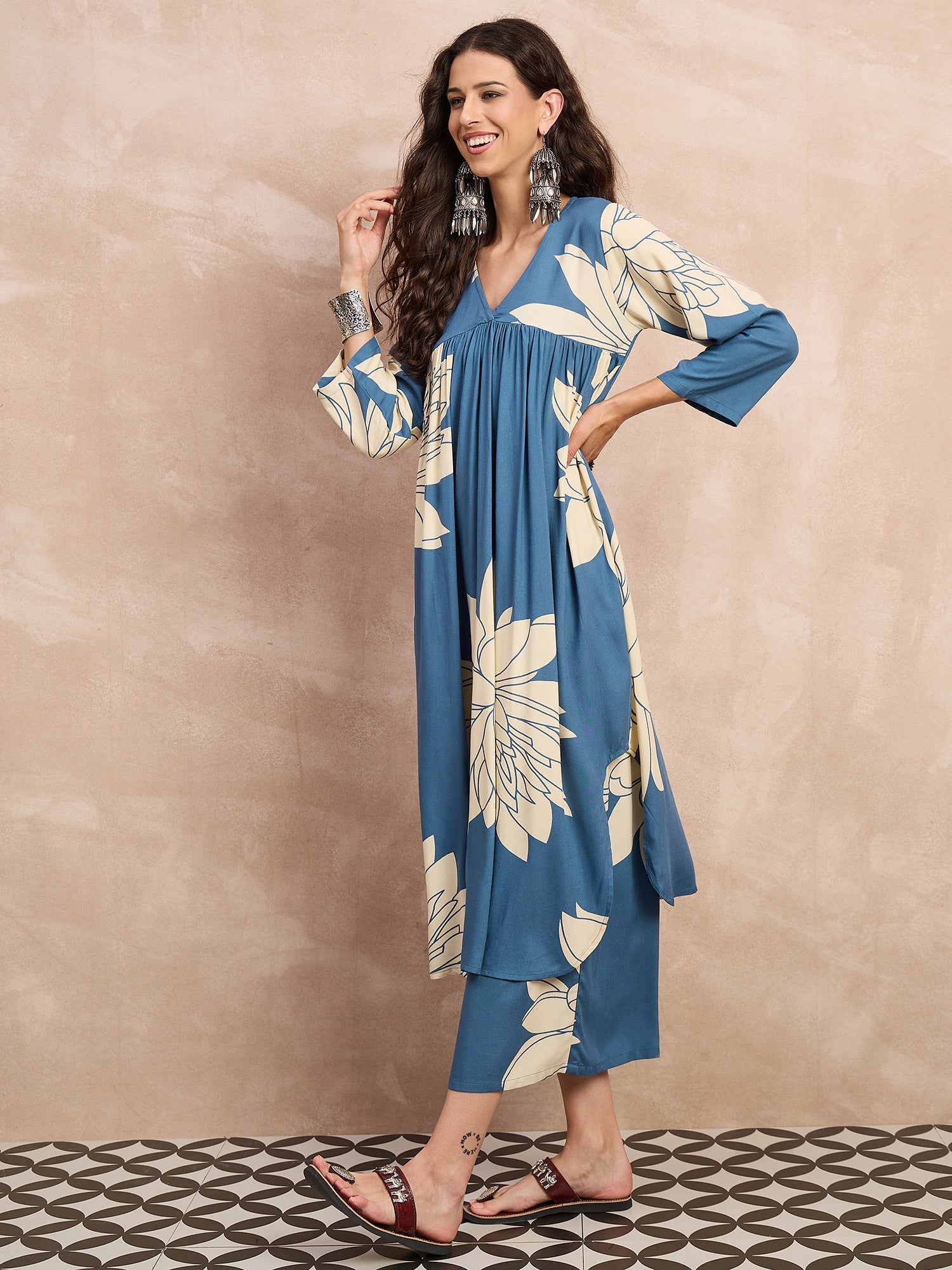 Blue Big Lotus Print Flared Kurta Set