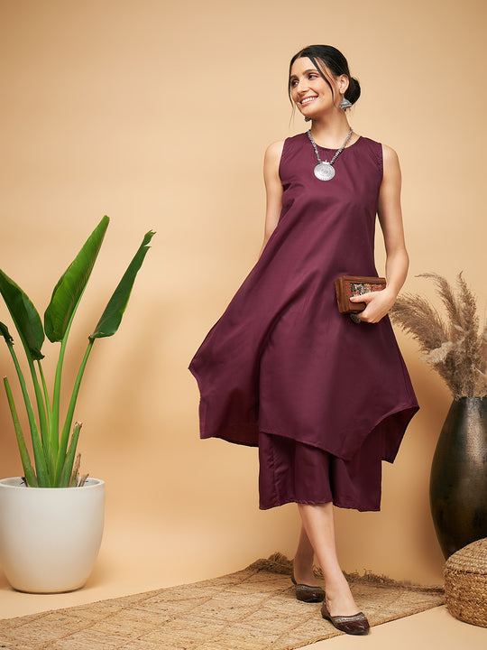 Wine Solid Short Kurta Palazzo Set