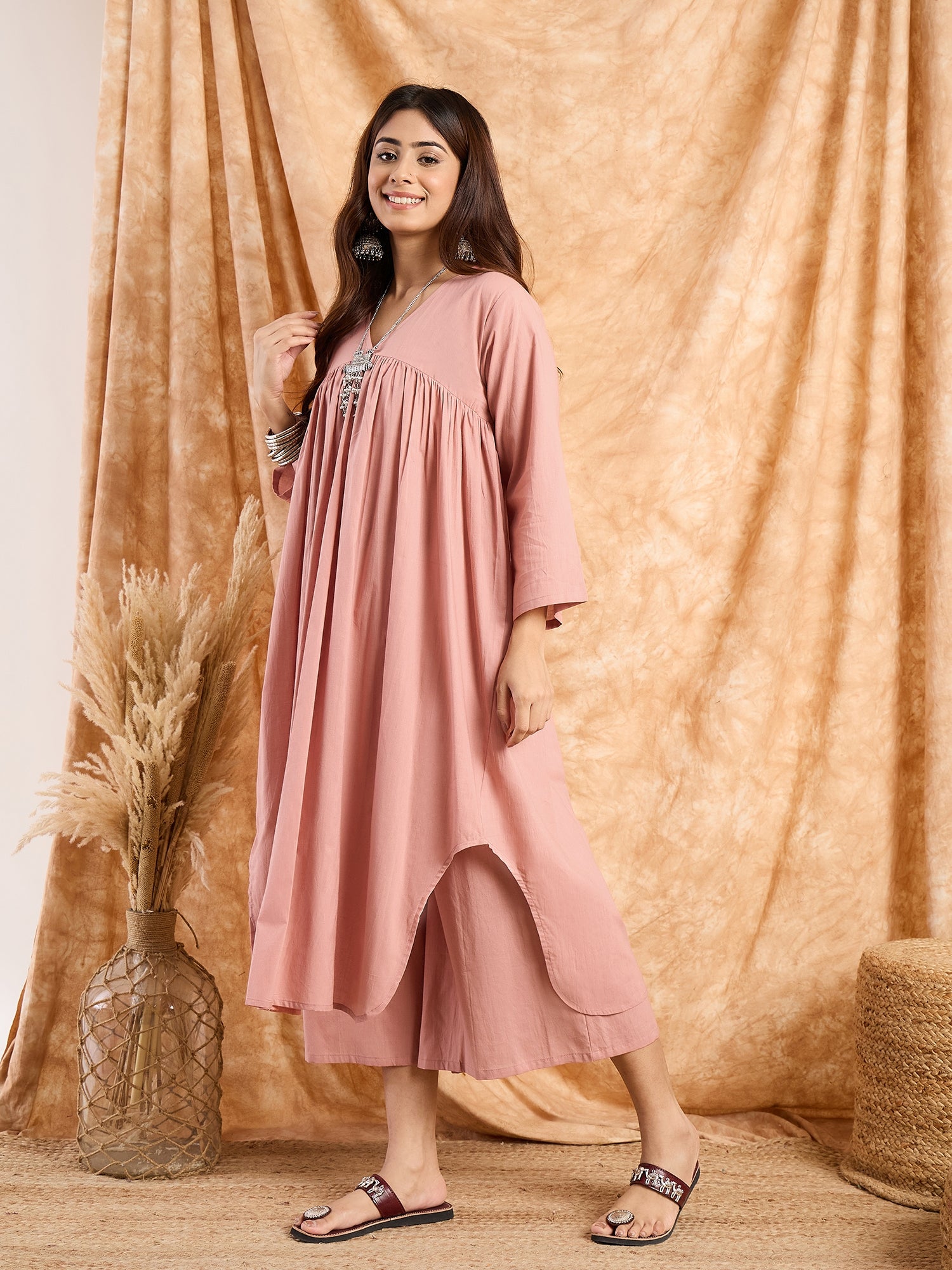 Rusty Pink V Neck Flared Kurta Set