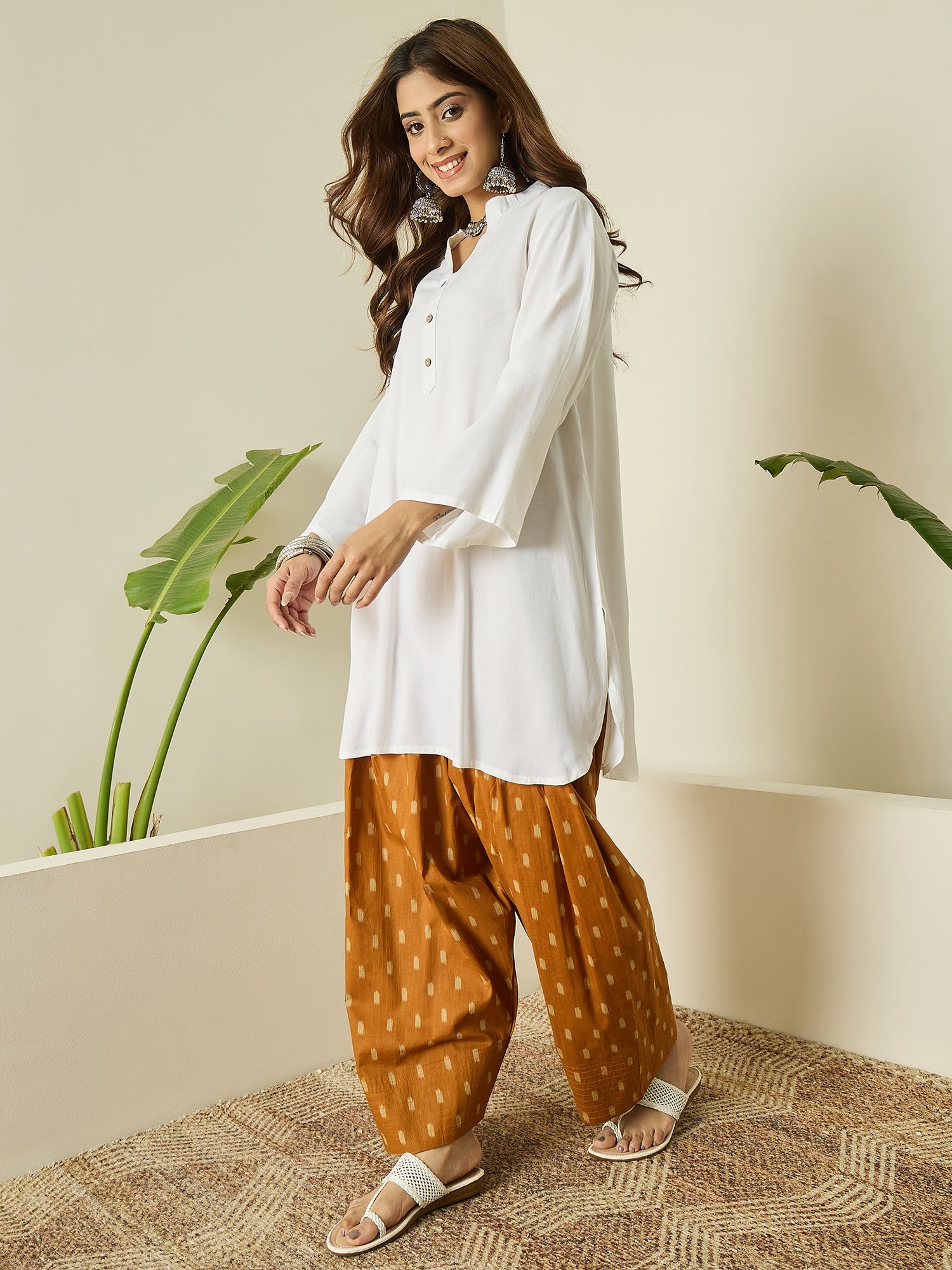 White Kurta Peanut Brown Salwar Set