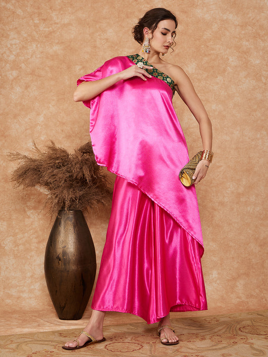 Pink Green Brocade Satin Oneshoulder Kurta Set
