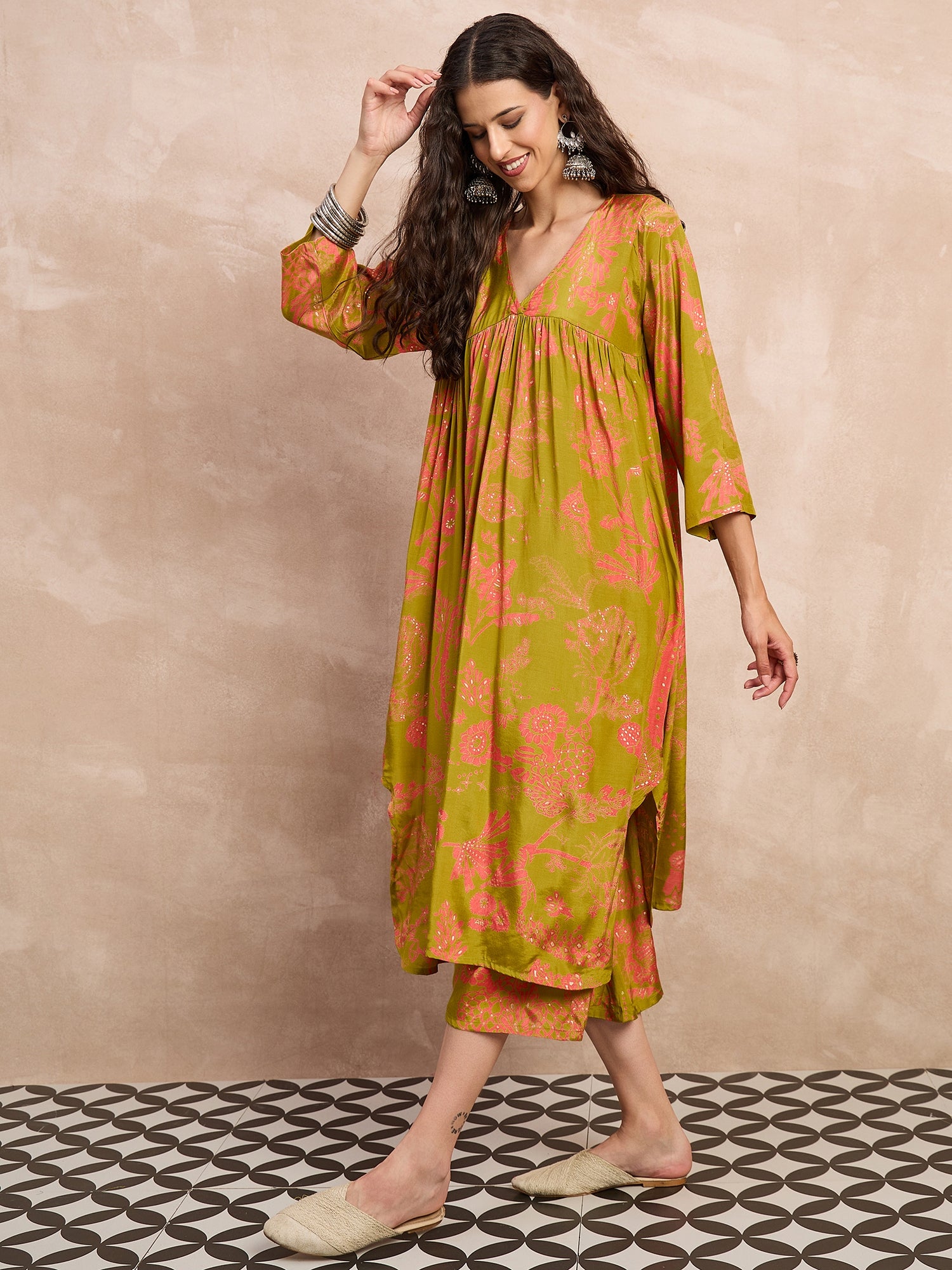 Light Olive Peach Print Flared Kurta Set