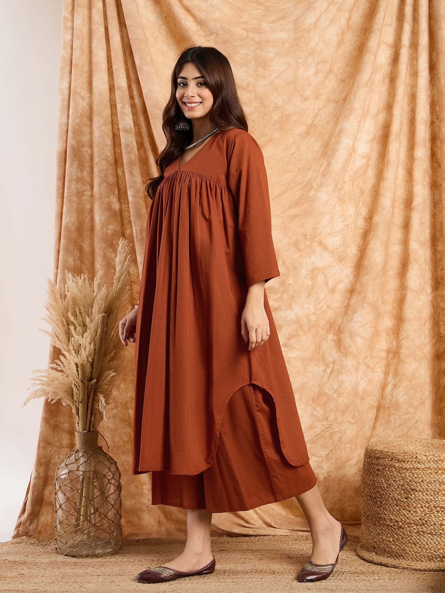 Rust V Neck Flared Kurta Set