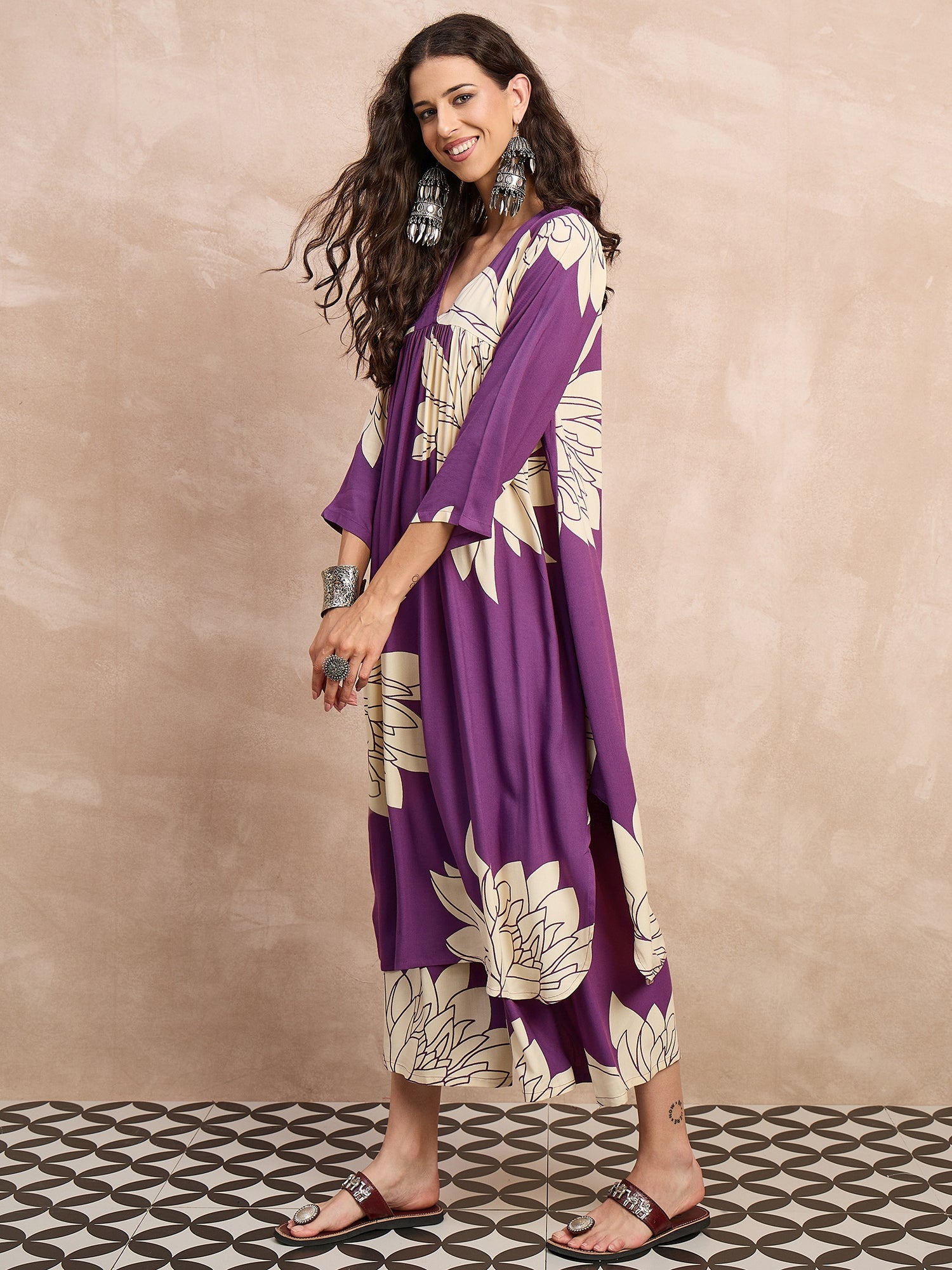 Mauve Big Lotus Print Flared Kurta Set