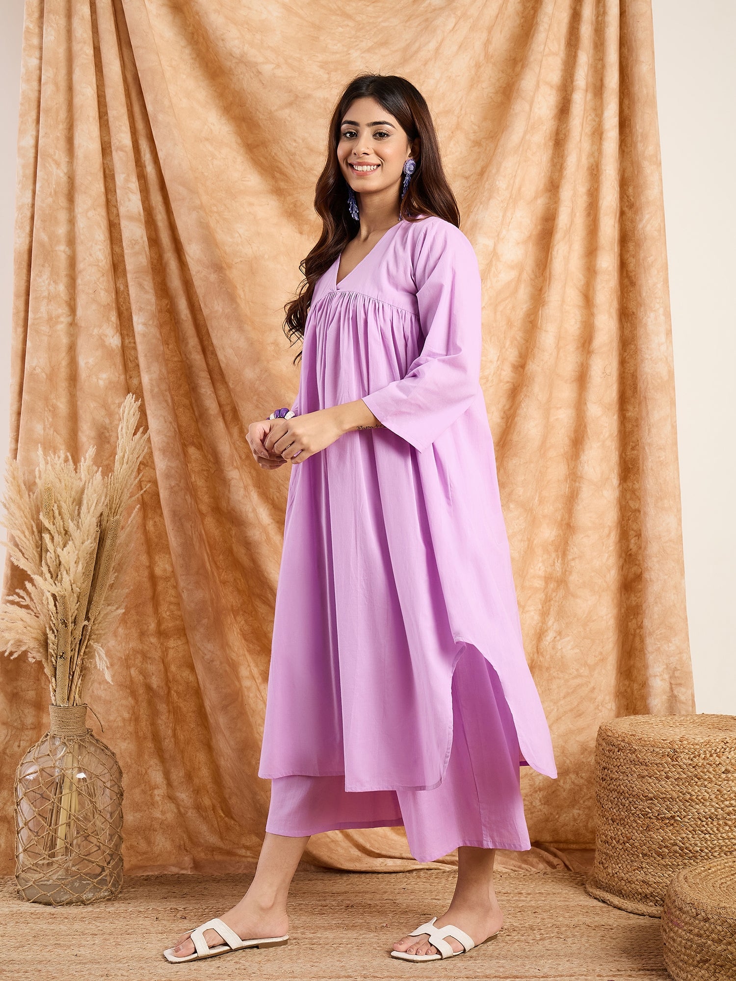 Lavender Pastel V Neck Flared Kurta Set