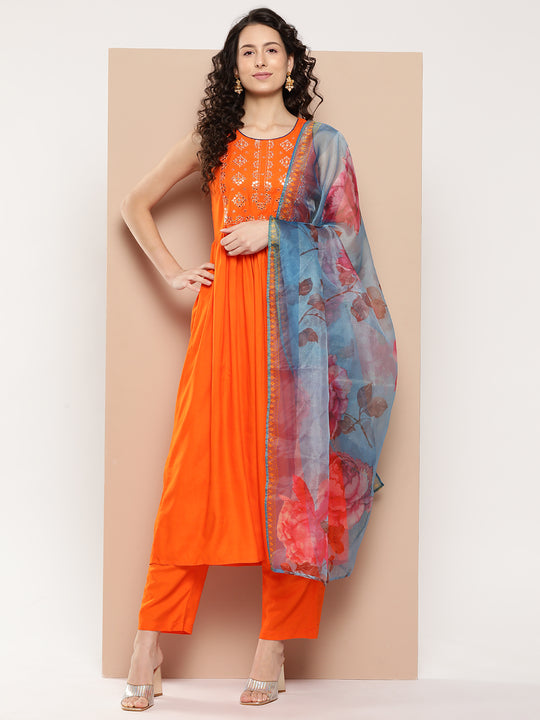 Orange Mirror Work Aline Strappy Kurta Set Blue Fuchsia Or Dupatta