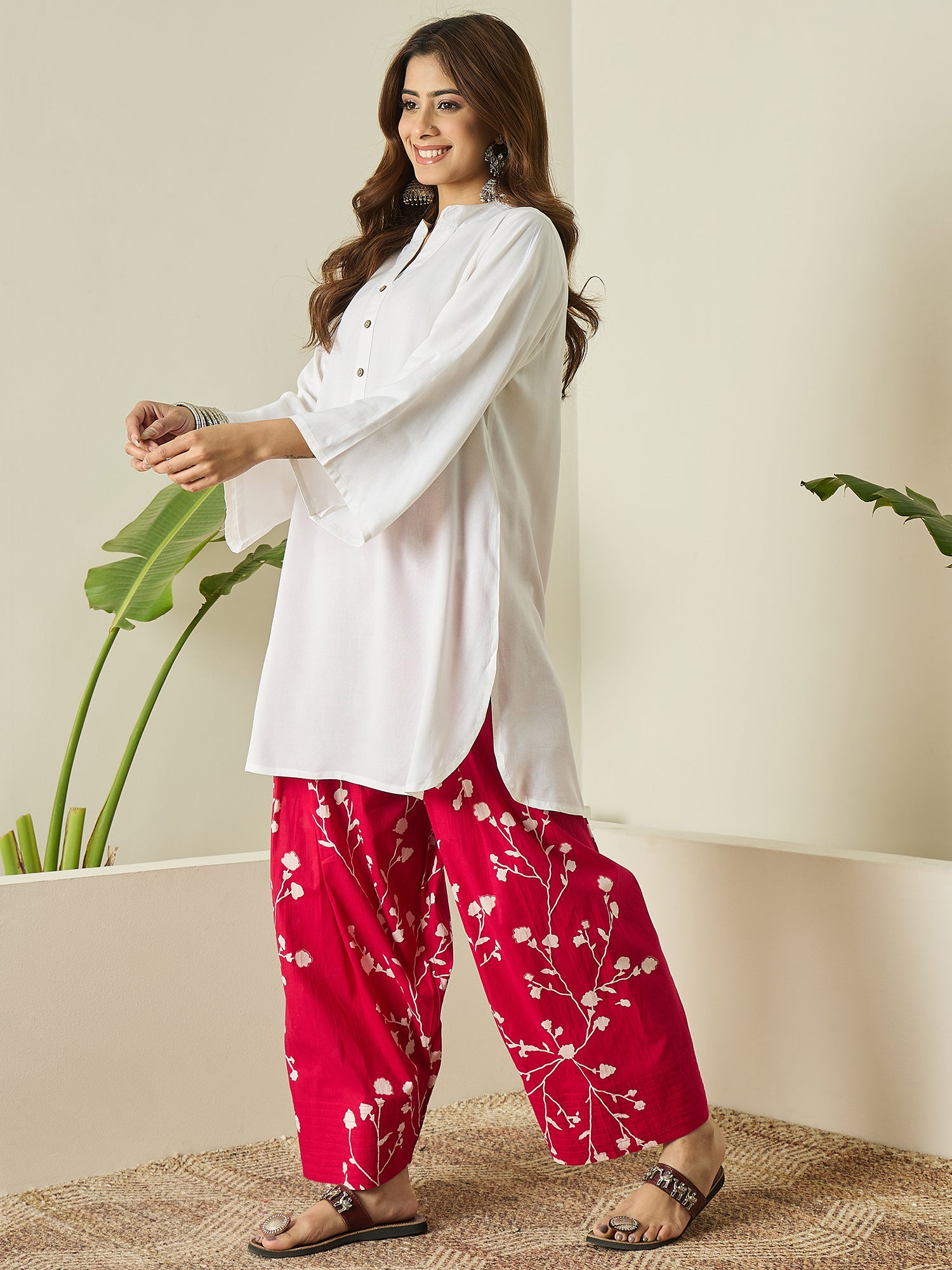 White Kurta Fuchsia Floral Salwar Set