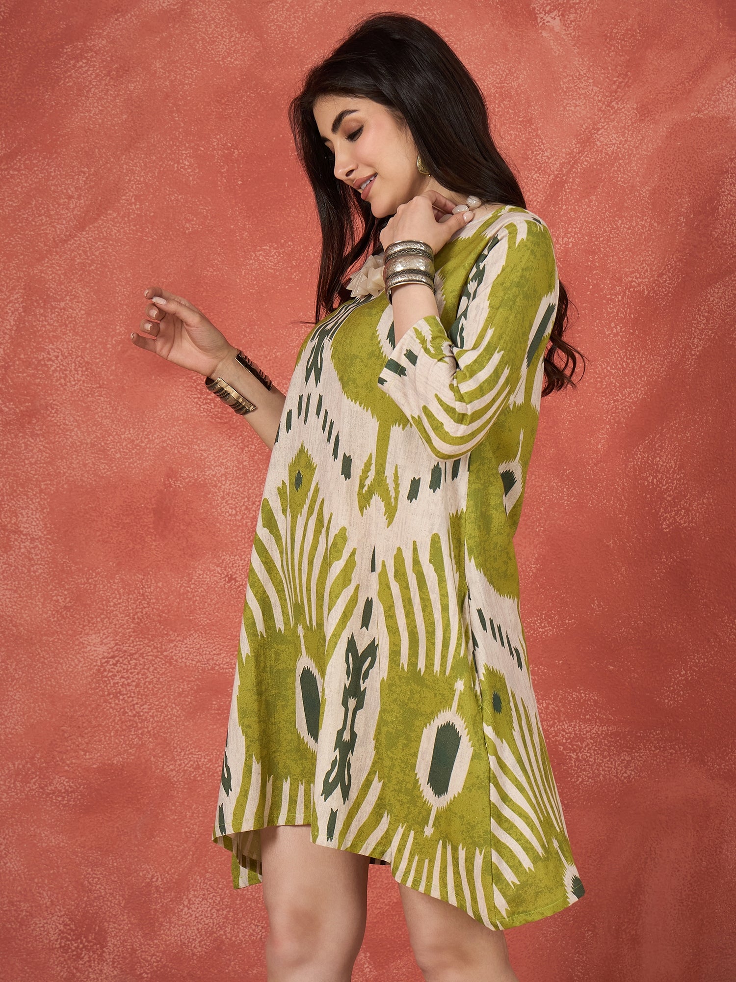 Olive White Ikkat Print Round Neck Short Dress