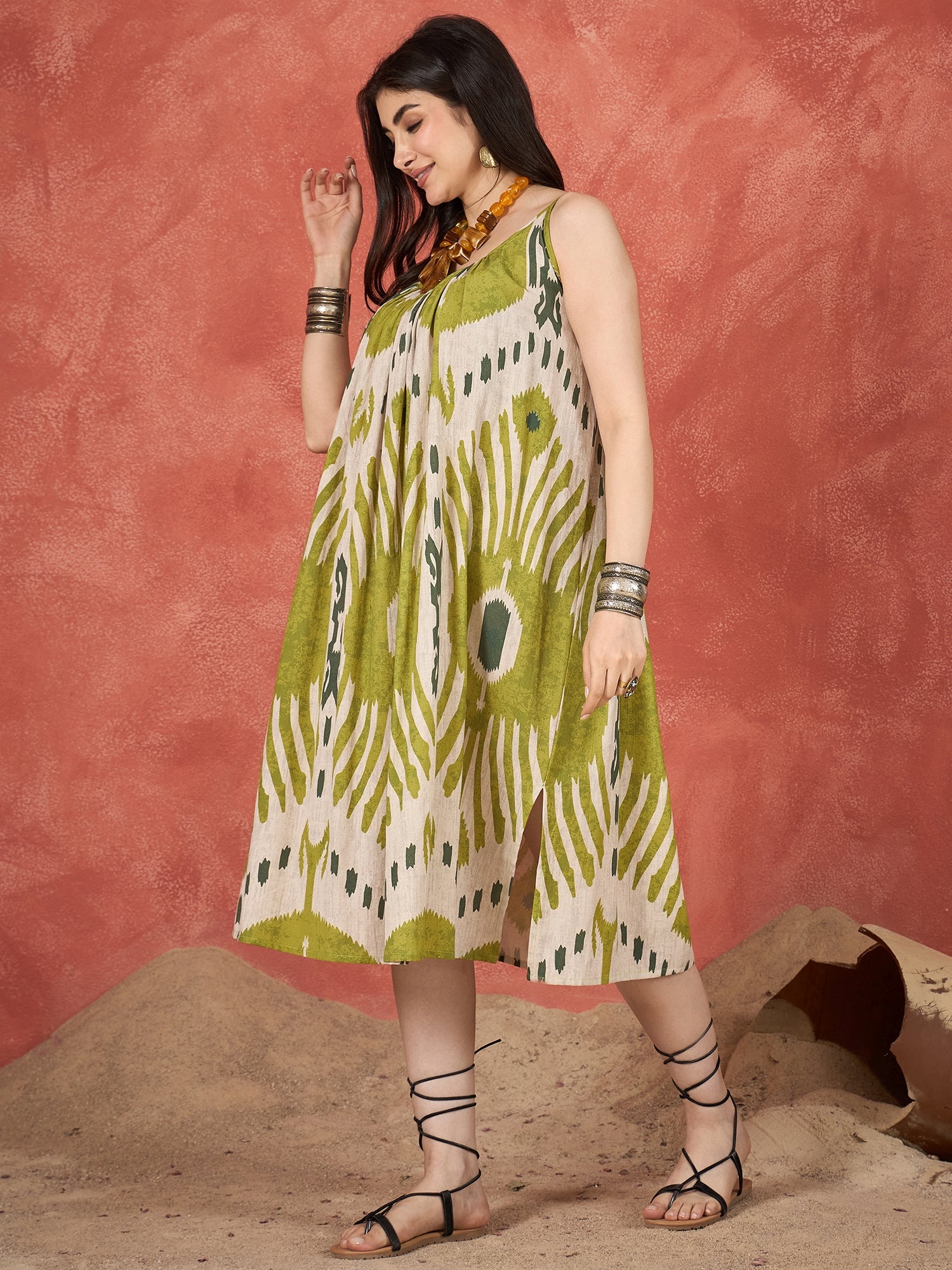 Olive White Ikkat Print Strappy Dress