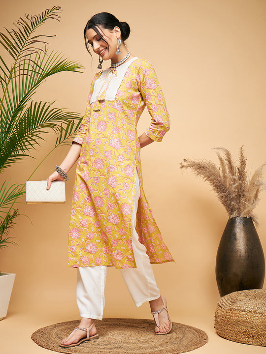 LIME PINK PRINT PATCH COTTON STRAIGHT KURTA