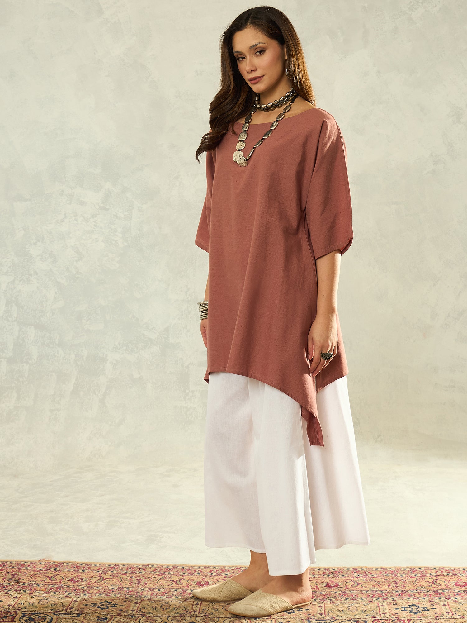 Brown Boat Neck White Palazzo Set