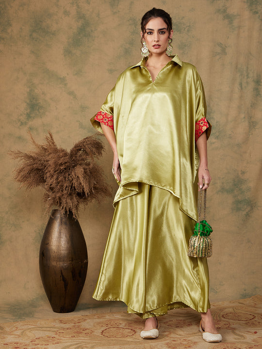 Olive Red Brocade Satin Boho Kurta Palazzo Set