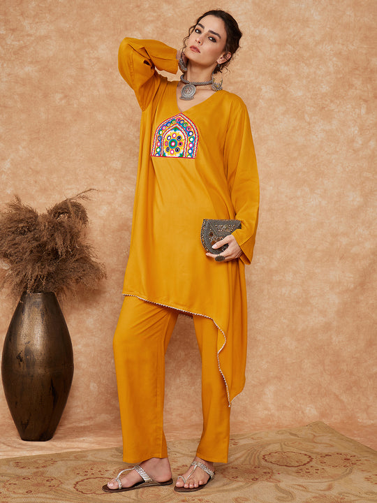 Mustard Trangle Yellow Patch Work Assymentrical Kurta Set