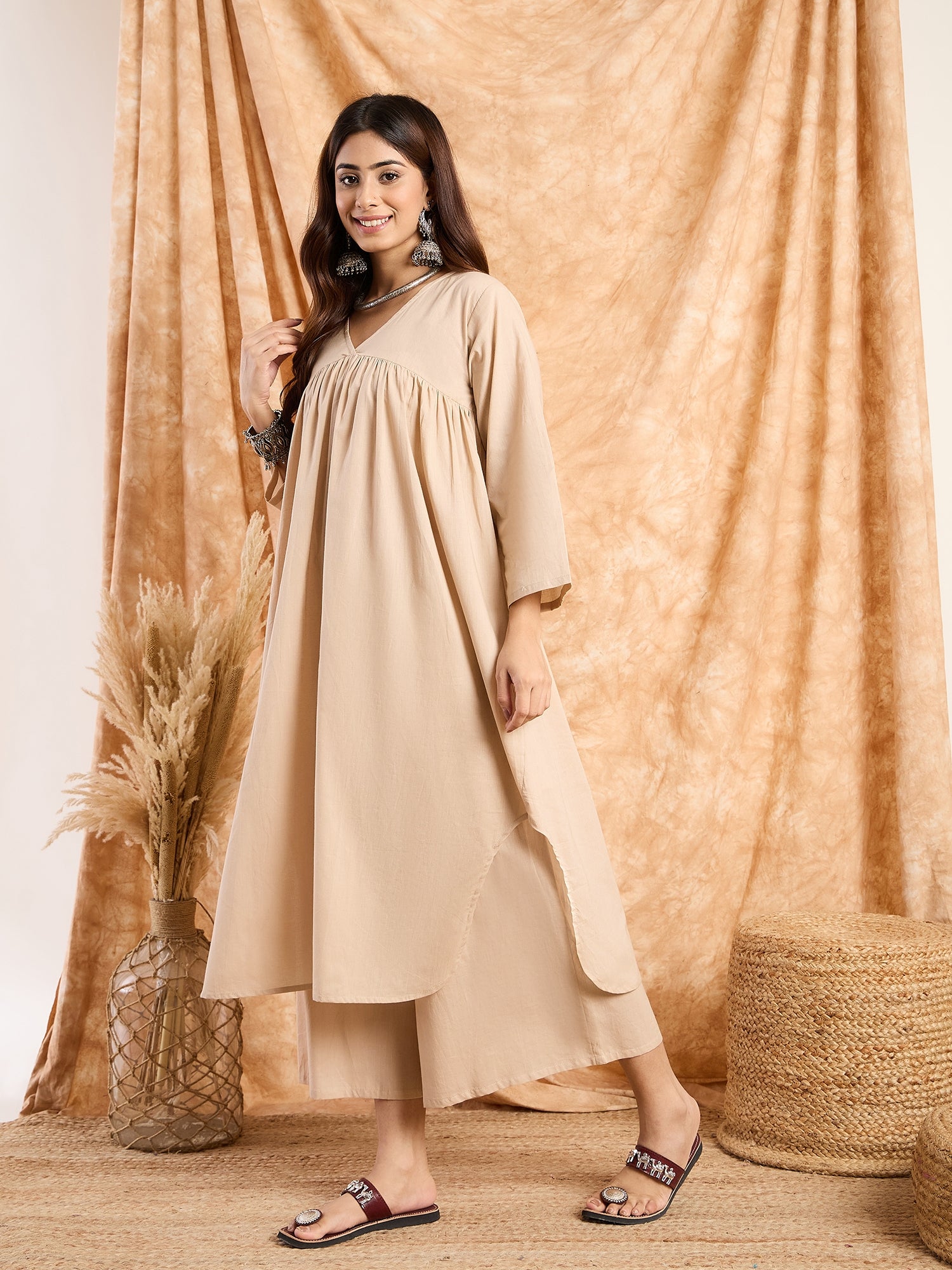 Beige Pastel V Neck Flared Kurta Set
