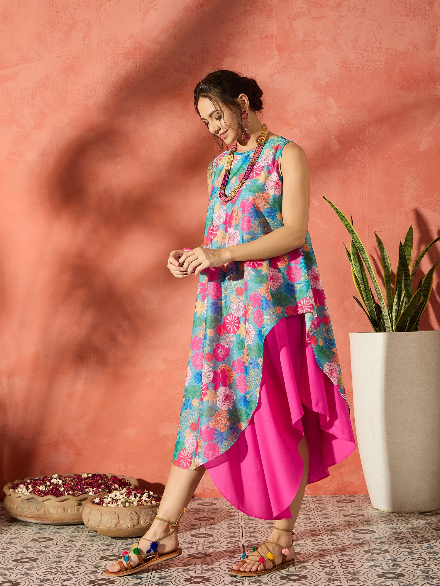 InWeave Blue Floral Fuchsia Asymmetrical Dress S for Women InWeave Blue Floral Fuchsia Asymmetrical Dress S for Women