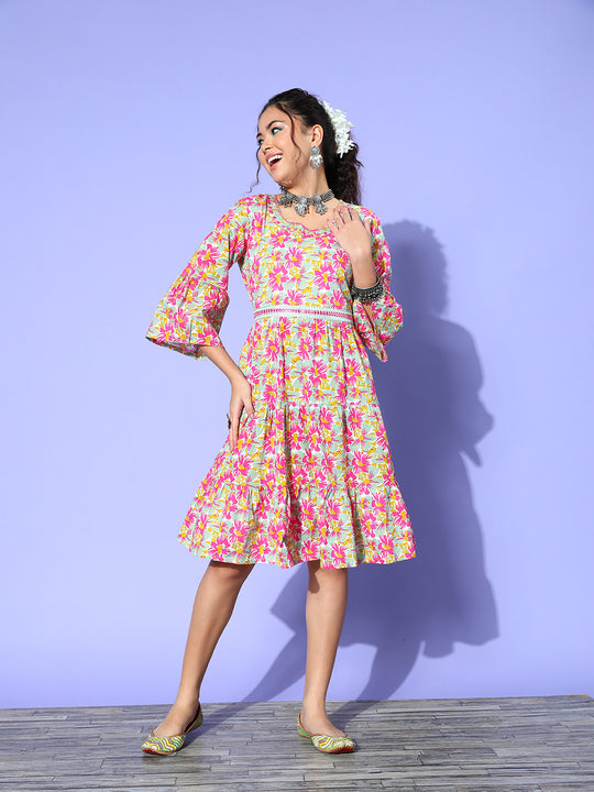 Fuschia Floral Print Belted Dress