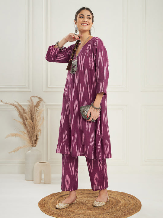 Wine Ikkat Print V Neck Kurta Pant Set
