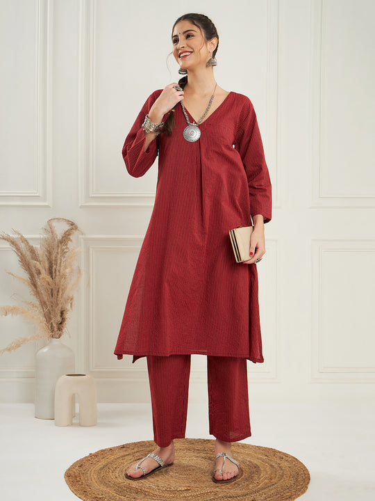 Ruby Maroon Kantha V Neck Kurta Pant Set