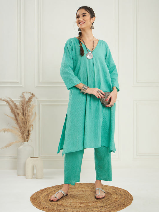 Arctic Blue Kantha V Neck Kurta Pant Set